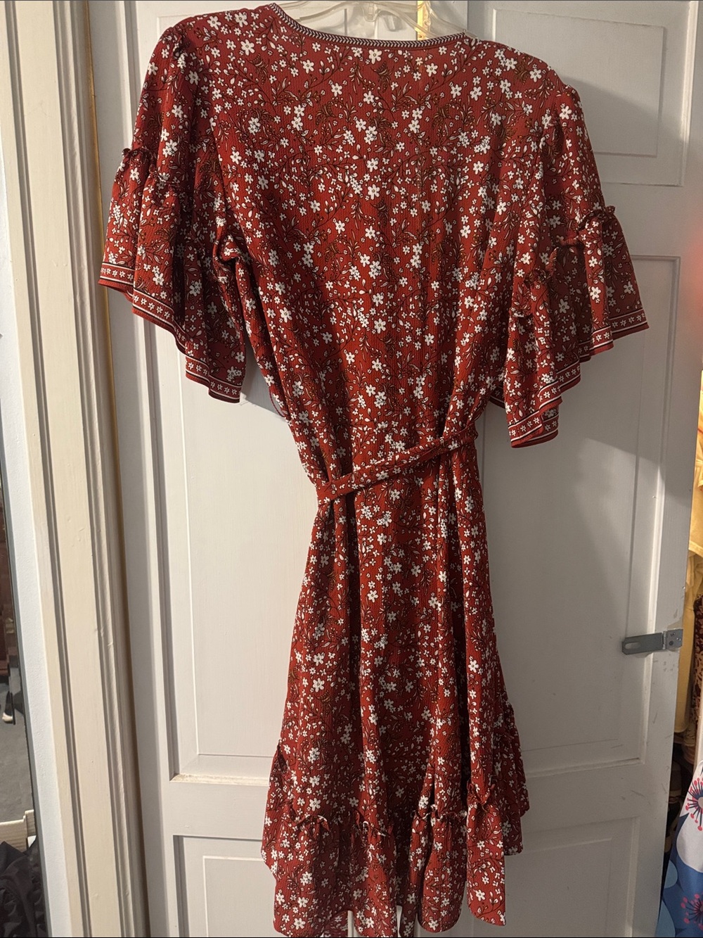 Max Studio Rust Floral Wrap Dress with Ruffled Sleeves - Picture 2 of 4
